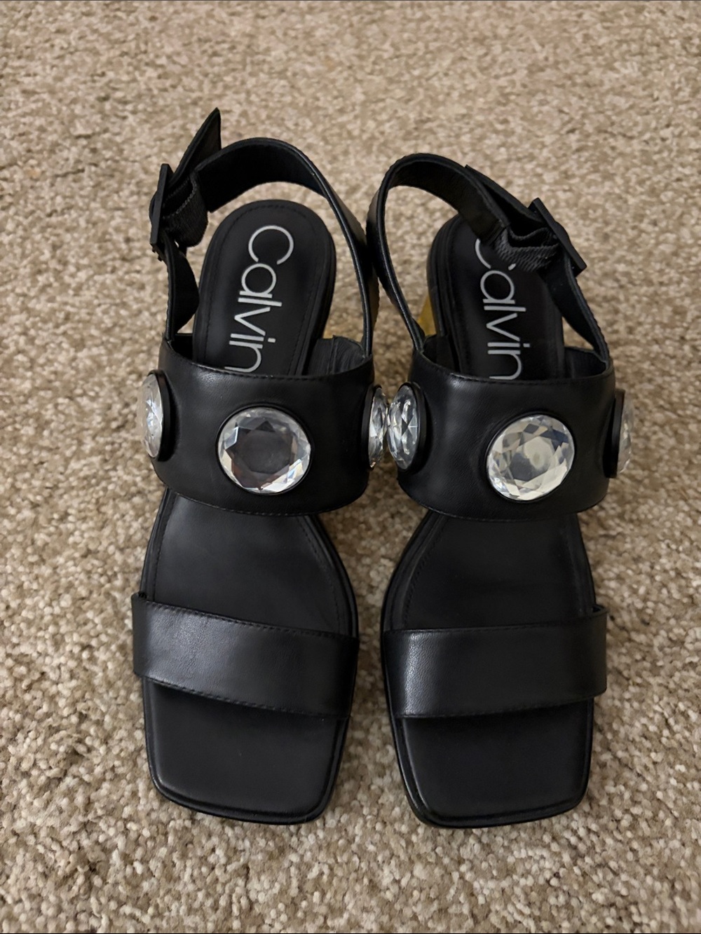 Calvin Klein Black Slingback Sandals with Faceted Gem Accents